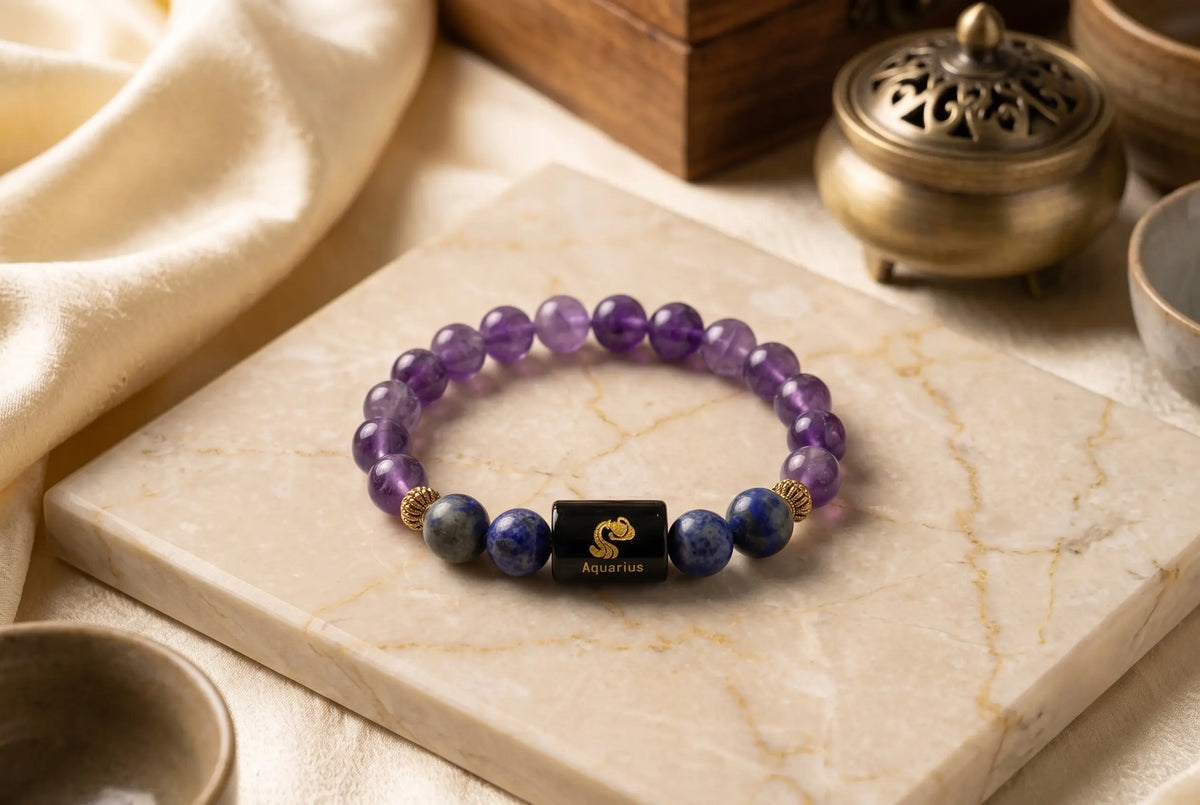 Kumbh Rashi (Aquarius) Zodiac Bracelet – Natural Amethyst & Lapis Lazuli