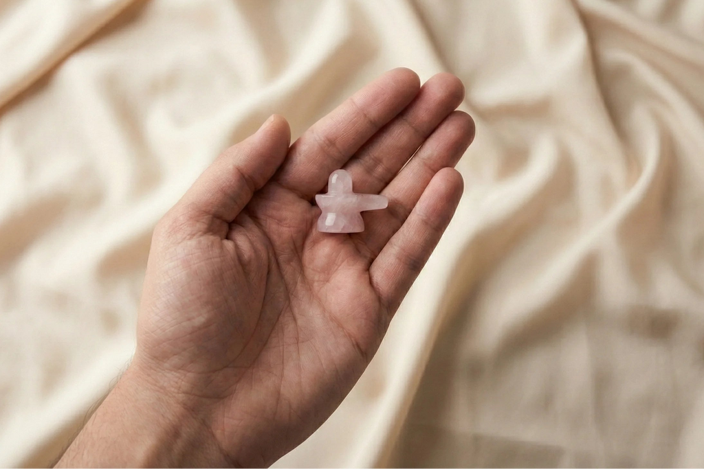 Hand holding a small pink crystal against a beige fabric background