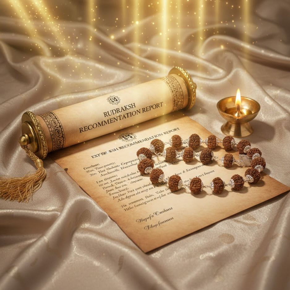 Rudraksh Recommendation Report with a Rudraksh necklace and oil lamp on a satin surface
