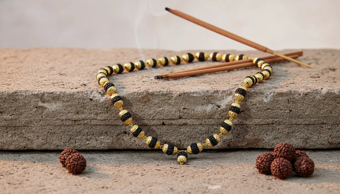 Essential Rudraksha Mala with Gold Finishing Capping