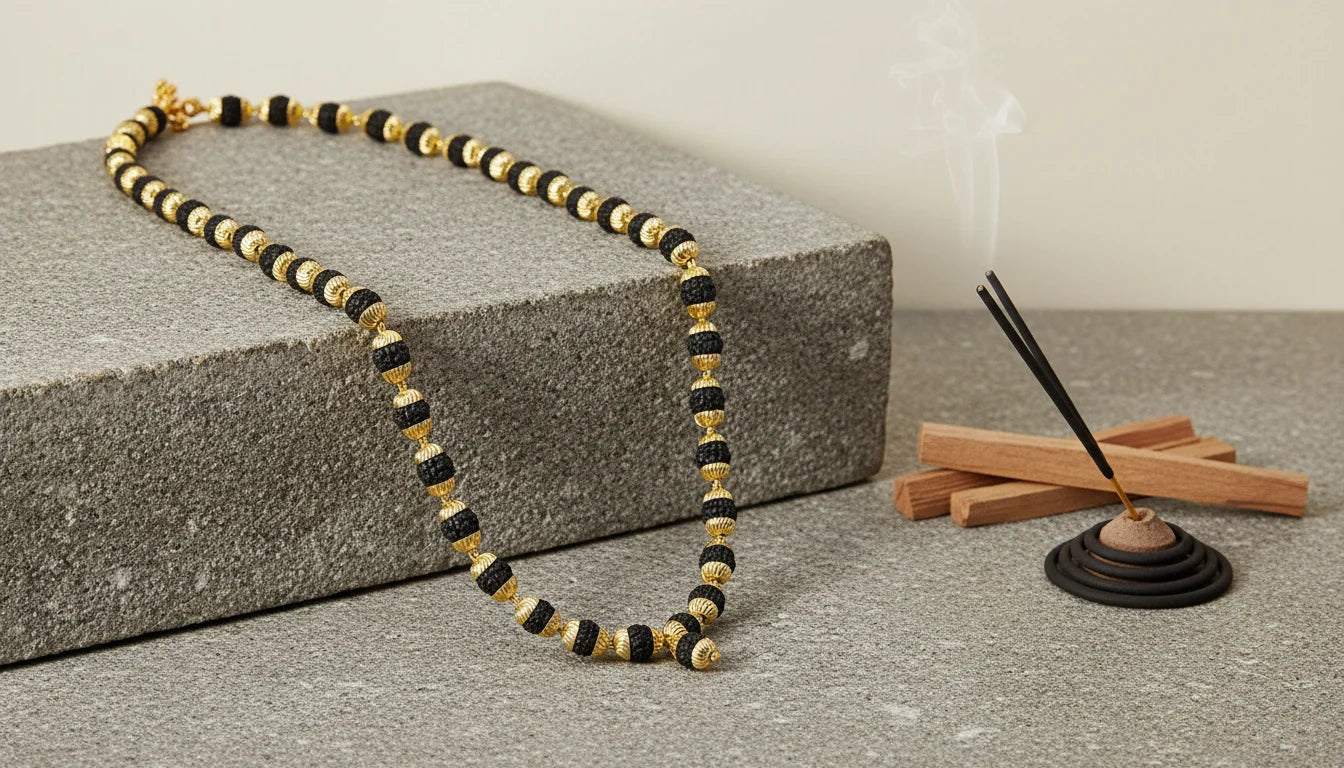 Essential Rudraksha Mala with Gold Finishing Capping