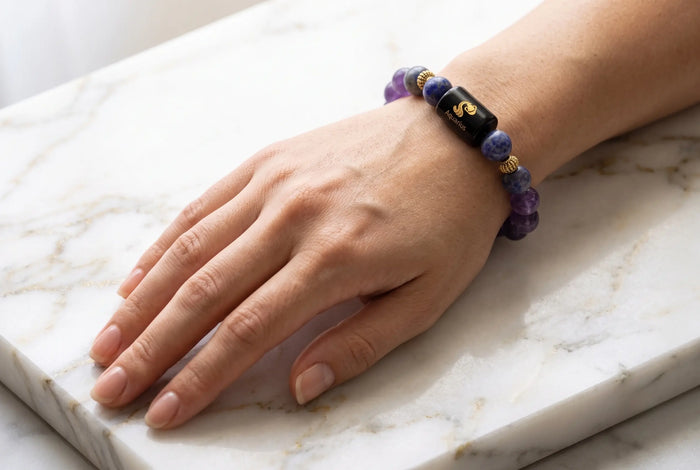Kumbh Rashi (Aquarius) Zodiac Bracelet – Natural Amethyst & Lapis Lazuli